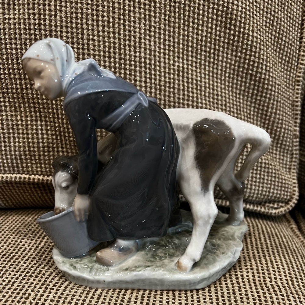 Royal Copenhagen Woman and Cow Statue Figurine Fine China